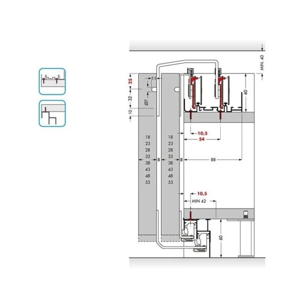 Cinetto PS48 System for Wardrobes with Overlapping Sliding Doors