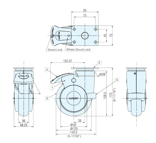 MX-125 DUAL BRAKE CASTER, PLATE TYPE 4