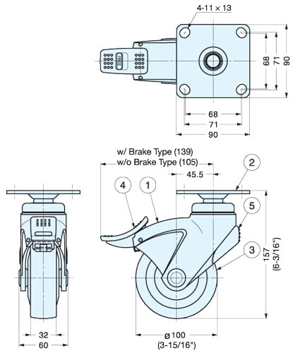 EX-100 DUAL BRAKE SYSTEM CASTER, PLATE TYPE 3